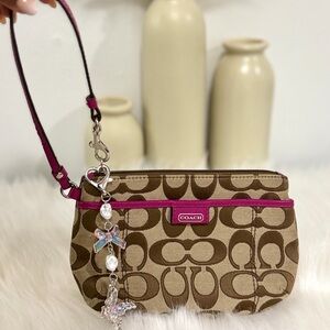 Vintage Coach Signature Monogram Canvas Wristlet with Pink Accents